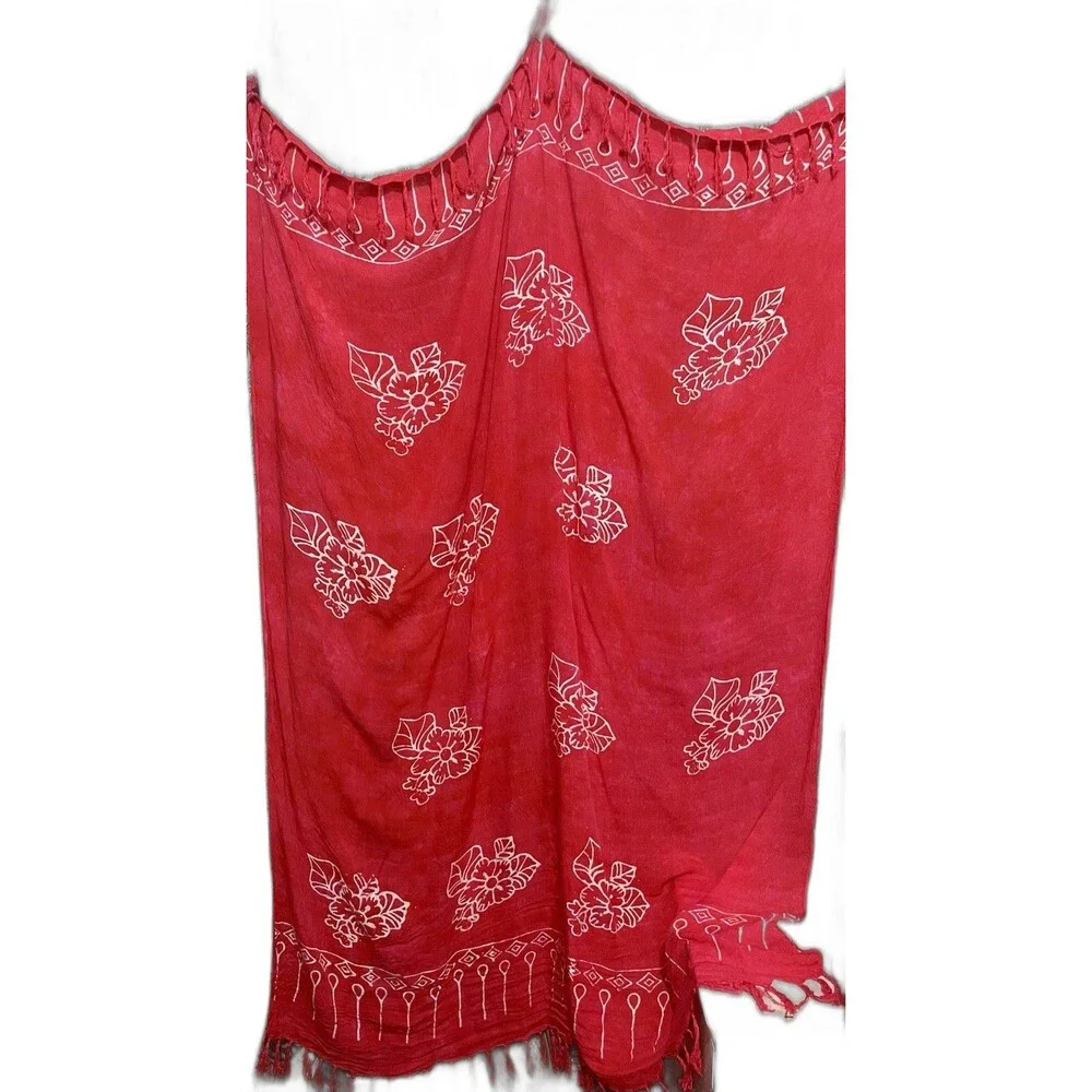 Bali Batik Pashmina Wrap Skirt Cover Up Fringed Scarf Boho Pink Red 4 X 6 ft